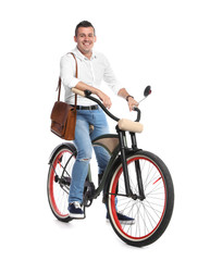 Sticker - Portrait of handsome man with bicycle on white background