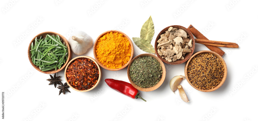 Beautiful composition with different aromatic spices on white background - obrazy, fototapety, plakaty 