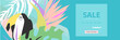 Tropical collage sale banner in hawaiian style with toucan bird and exotic floral decoration elements. Colorful summer background for advertising made in vector