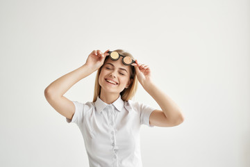 business woman smiling glasses economy