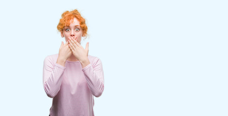 Poster - Young redhead woman shocked covering mouth with hands for mistake. Secret concept.