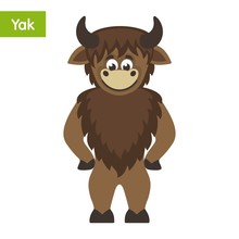 Cheerful Brown Yak. Funny Cartoon Character On White Background. Flat Design. Isolated Object. Colorful Vector Illustration For Kids.