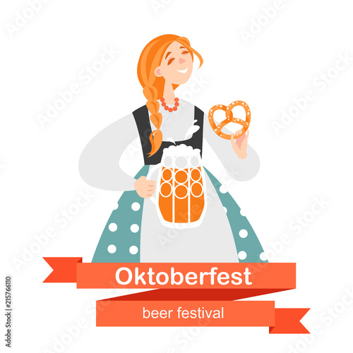 Oktoberfest Banner With Funny Cartoon Character A Girl With A Mug Of Beer And Pretzel On A White Background Buy This Stock Vector And Explore Similar Vectors At Adobe Stock