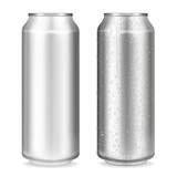Fototapeta Zachód słońca - Metal can vector illustration of 3D realistic container for soda or energy drink, lemonade or beer. Isolated silver empty mockup models with cold condensation water drops for brand design template