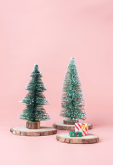 Poster - Christmas tree on wood log slice with present box on pastel pink studio background.Holiday festive celebration greeting card with copy space for display of design or content.
