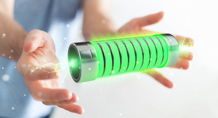 Aufkleber - Businessman using green battery with lightnings 3D rendering