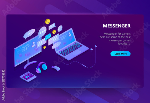 Vector 3d Isometric Template Of Site For Messenger Online Chat Business Development Social Service On Laptop And Computer For Communication Messaging Illustration In Violet Ultraviolet Color Stock Vector Adobe Stock