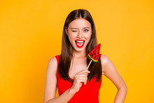My Diet Is Over! Close Up Photo Portrait Of Beautiful Excited Cheerful Pretty Attractive Nice Glad Lady Holding Sweet On Stick In Hand Isolated On Vivid Bright Background