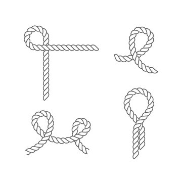 Set of sea knots and loops. Cable rope, tied, untied.