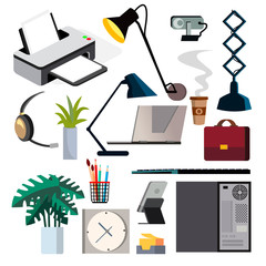 Poster - Office Equipment Set Vector. PC, Smartphone, Printer. Icons. Business Workplace. Stationery. Office Things. Isolated Flat Illustration