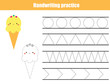 Handwriting practice sheet. Educational children game, printable worksheet for kids. Tracing lines and shapes