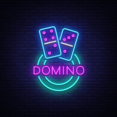 Wall Mural - Domino Neon Logo Vector. Domino neon sign, design template, modern trend design, night neon signboard, night bright advertising, light banner, light art. Vector illustration