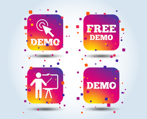 Wall Mural - Demo with cursor icon. Presentation billboard sign. Man standing with pointer symbol. Colour gradient square buttons. Flat design concept. Vector