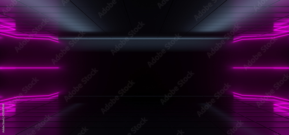 Modern Futuristic  Hi-Tech Dark Room With Neon Glowing Light Tubes With Purple Color And Empty Space In Middle 3D Rendering