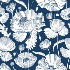 Wall Mural - Monochrome seamless pattern with gorgeous blooming wild poppy flowers, leaves and seed heads hand drawn with contour lines on blue background. Botanical vector illustration for wallpaper, backdrop.