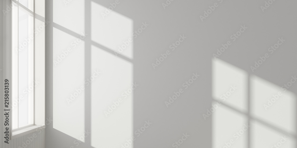 Stimulate scene of white empty room with sun light cast shadow on the laminate wood wall and plank floor,Perspective of minimal architecture. 3D rendering - obrazy, fototapety, plakaty 