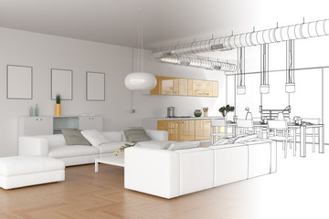 Interior Design Modern Loft Drawing Gradation Into Photograph