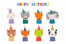 Set Of Cute Funny Animals In Party Hats Bear, Panda, Bunny, Wolf, Frog, Fox, Hedgehog, Squirrel. Isolated Objects On White. Vector Illustration. Scandinavian Style Design. Concept Kids Birthday Print