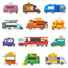 Food truck vector street food-truck vehicle and fastfood delivery transport with hotdog or doughnut restaurant or coffeeshop illustration set of snack foodtruck isolated on white background