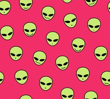 Aliens, Seamless Pattern, Color, Red, Green, Different Emotions, Vector. Green Alien Faces On A Red Field. Decorative Seamless Pattern. Vector Image.  