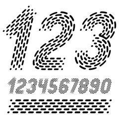 Poster - Vector numbers, modern numerals set. Rounded bold italic retro numeration from 0 to 9 can be used for logo creation. Made using rhythmic strokes and dashed lines.