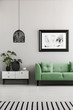 © Photographee.eu - Poster above green couch next to cupboard with plants in living room interior with lamp. Real photo