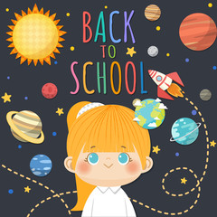 Wall Mural - back to school with smiling children, space and solar system concept background. vector illustration