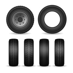 Poster - Realistic Detailed 3d Black Rubber Tires and Car Wheels Set. Vector