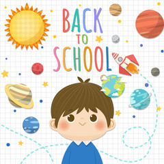 Wall Mural - back to school with smiling children, space and solar system concept background. vector illustration