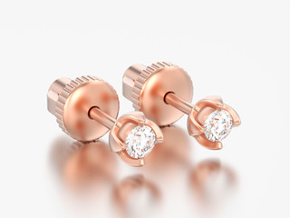 3D illustration two red rose gold diamonds screw post sterling  earrings with reflection