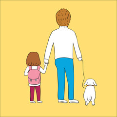 Cartoon cute father and daughter and dog vector.