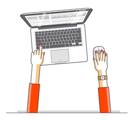 Fototapete - Office worker or entrepreneur business woman working on a PC computer laptop, top view of workspace desk with human hands, overhead look. Vector illustration.