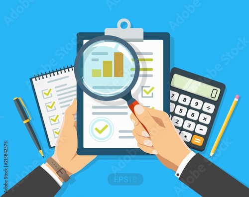 Fotomural Paper sheet in hand with magnifier, paperwork, consultant, concept business advi