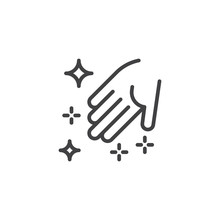 Magic Light In Palm Outline Icon. Linear Style Sign For Mobile Concept And Web Design. Magical Dust And Hand Simple Line Vector Icon. Sleight Of Hand Symbol, Logo Illustration. Vector Graphics
