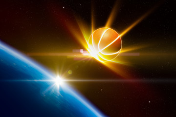 Wall Mural - abstract sports background - glowing basketball approaches planet earth