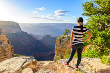 Hiker In Amazing Landscape Scenery Of South Rim Of Grand Canyon National Park, Arizona, United States