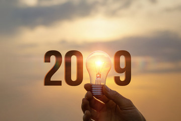 2019 Ideas concepts with hand holding light bulb.