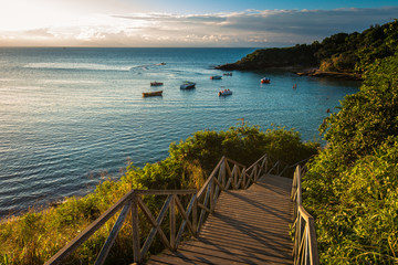 Fototapete - Wooden Stairs Leading to the Azeda Beach by Sunset in Buzios, Brazil