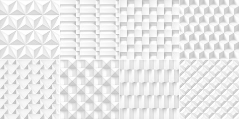 Poster - 8 Volume realistic cubes textures set, white geometric patterns, vector design light backgrounds for you projects 