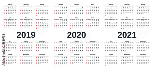 2019 2020 2021 Calendar Vector Graphics Week Starts Sunday
