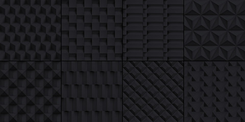 Poster - 8 Volume realistic cubes textures set, black geometric patterns, vector design dark backgrounds for you projects 