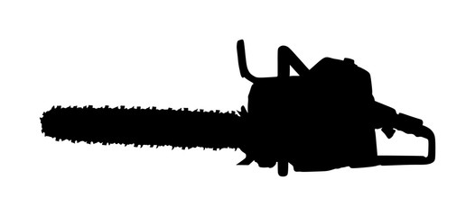 Chainsaw vector silhouette illustration isolated on white background. Hard industry job equipment for strong man. Professional machine.