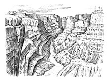 Grand Canyon In Arizona, United States. Graphic Monochrome Landscape. Engraved Hand Drawn Old Sketch. Mountain Peaks With Forest. Vector Illustration For A Poster Or Label.