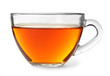 Glass cup of hot aromatic tea on white background