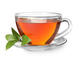 Glass cup of hot aromatic tea on white background