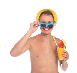 Sticker - Shirtless man with glass of cocktail on white background