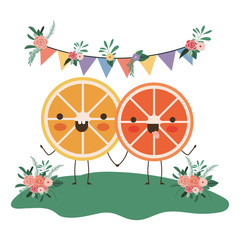 Wall Mural - cute oranges couple in the garden kawaii characters vector illustration