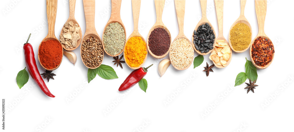 Composition with different aromatic spices in wooden spoons on white background - obrazy, fototapety, plakaty 