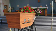 Closeup Shot Of A Colorful Casket In A Hearse Or Chapel Before Funeral Or Burial At Cemetery