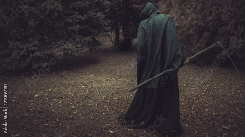 Fotomural Death, Grim Reaper, with his scythe lurking in the woods in a haunted forest
